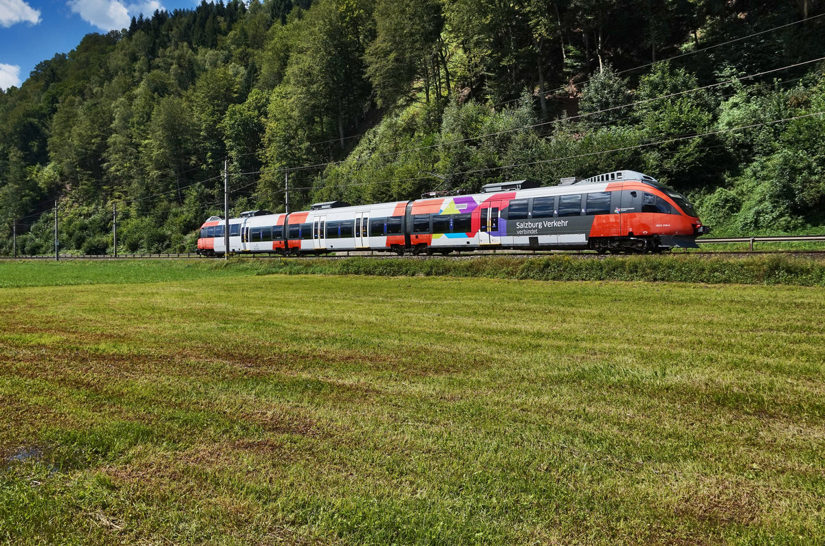 4023 010-4 fährt als S3 5071 (Schwarzach-St. Veit - Salzburg Liefering), fährt nahe Mitterberghütten vorüber.
Aufgenommen am 7.8.2016.