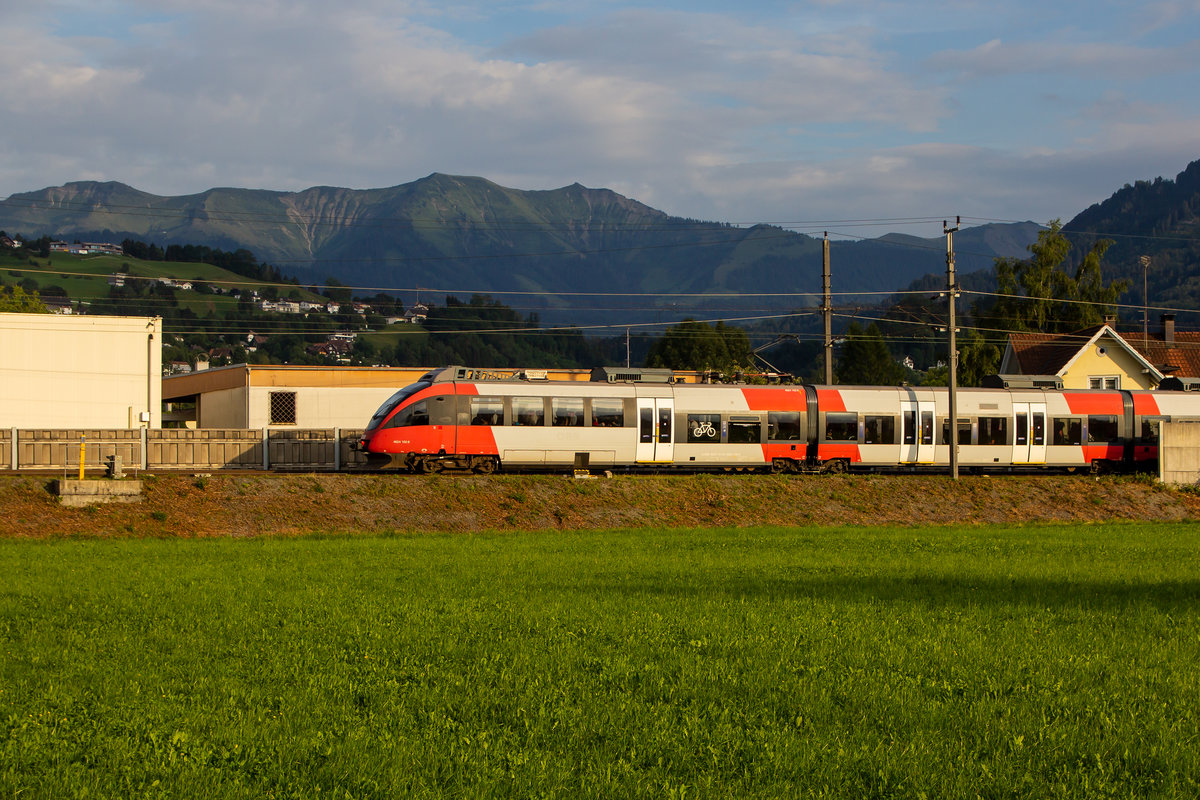 4024 102-8 am Nachmittag des 5.8.19. Im Hintergrund die Bergkulisse der Mörzelspitze. In Dornbirn.