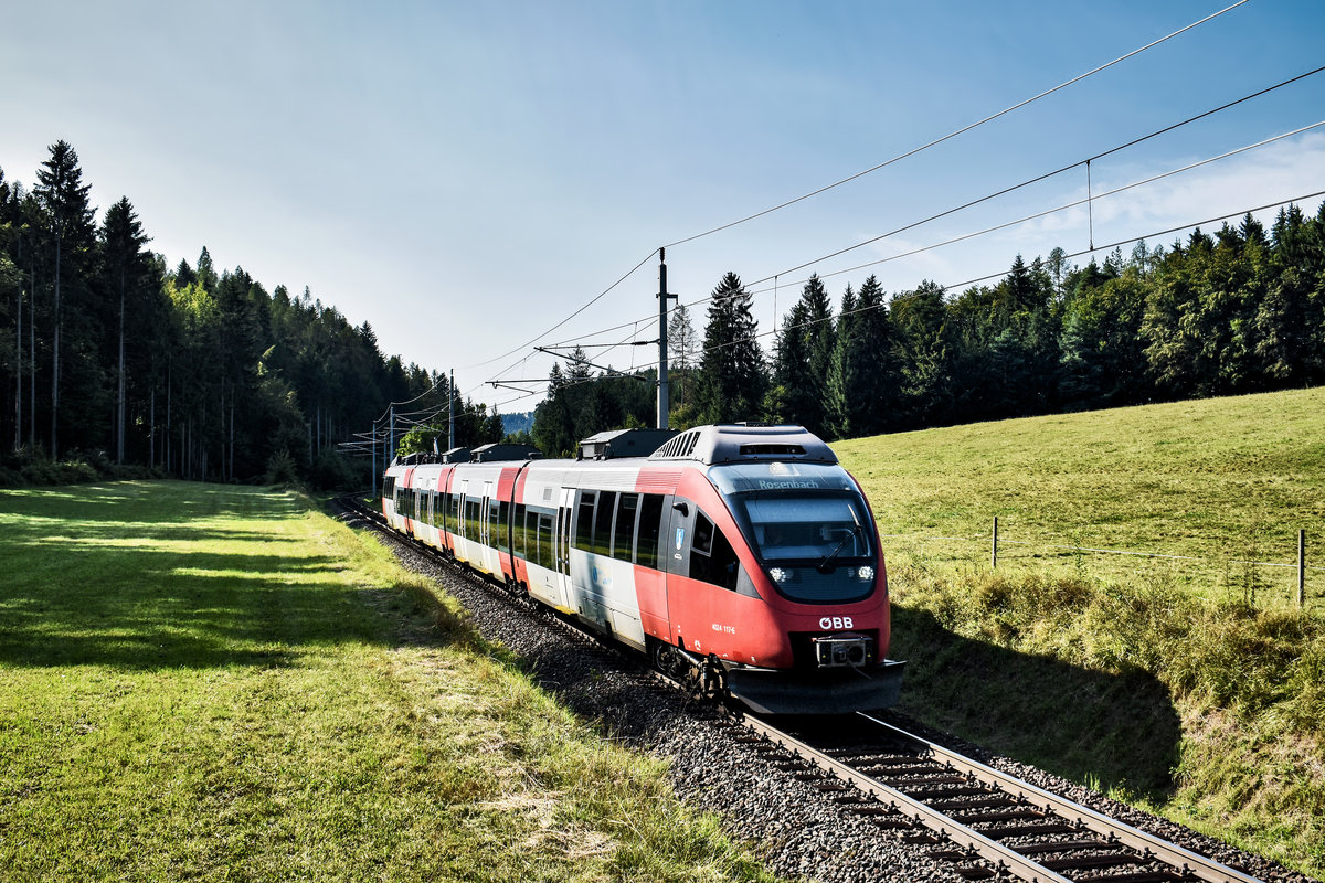 4024 117-6 fährt als S2 4319 (Feldkirchen in Kärnten - Villach Hbf - Rosenbach), bei Schlatten, nahe Rosenbach vorüber.
Aufgenommen am 28.8.2018.