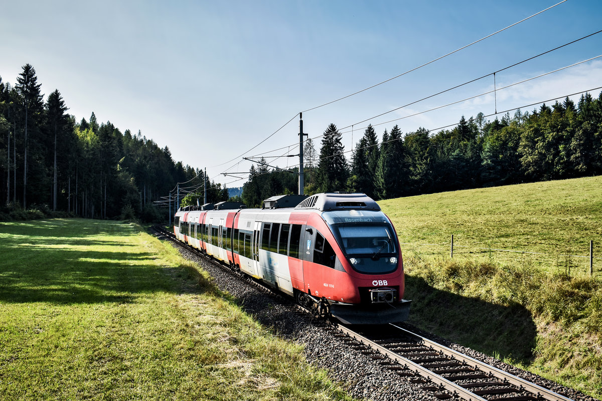 4024 117-6 fährt als S2 4319 (Feldkirchen in Kärnten - Villach Hbf - Rosenbach), bei Schlatten, nahe Rosenbach vorüber.
Aufgenommen am 28.8.2018.