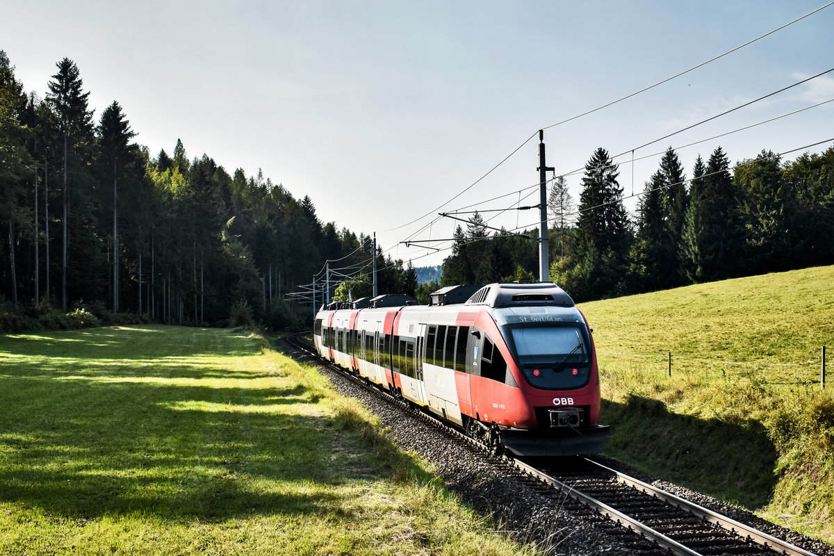 4024 117-6 fährt als S2 4324 (Rosenbach - Villach Hbf - Feldkirchen in Kärnten - St. Veit a. d. Glan), bei Schlatten, nahe Rosenbach vorüber.
Aufgenommen am 28.8.2018.