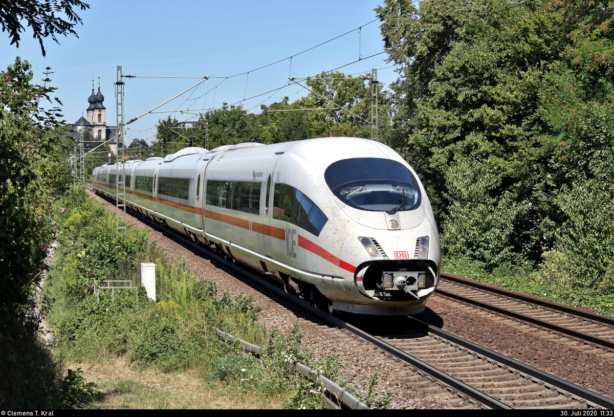 403 052-4 (Tz 352  Mönchengladbach ) als unbekannter ICE fährt nahe Bruchsal Schlachthof auf der Bahnstrecke Bietigheim-Bissingen–Bruchsal (Westbahn (Württemberg) | KBS 770) Richtung Bretten.
[30.7.2020 | 11:33 Uhr]