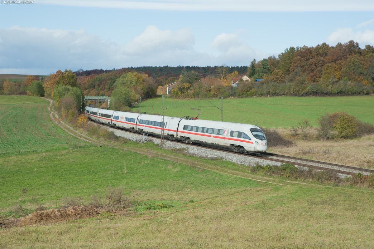 411 068 (Ellwangen) mit dem ICE 91 von Hamburg Altona nach Wien bei Edlhausen, 02.11.2016