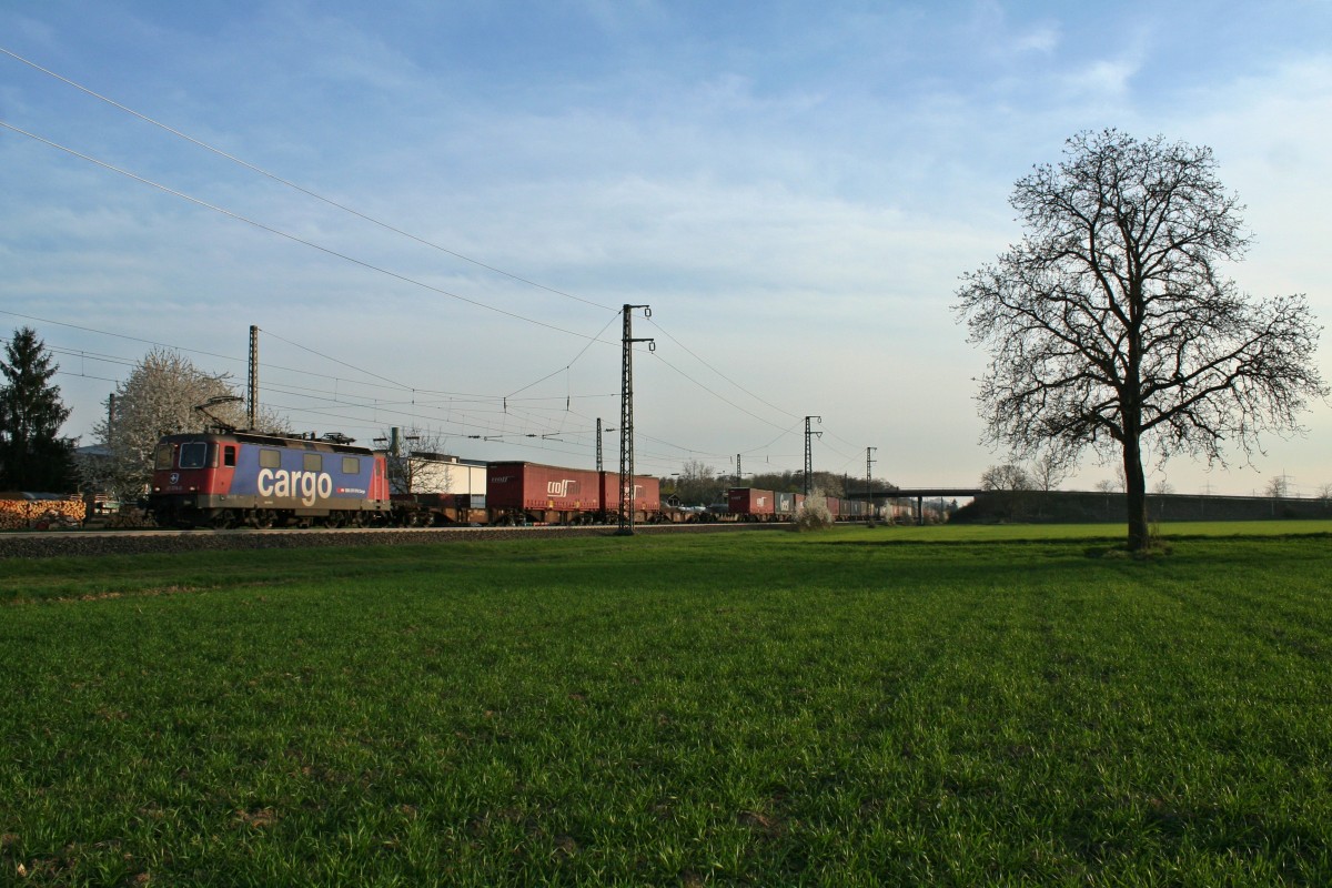 421 374-0 mit einem KLV-Zug gen Norden am Abend des 29.03.14 s�dlich des Haltepunktes Auggen.