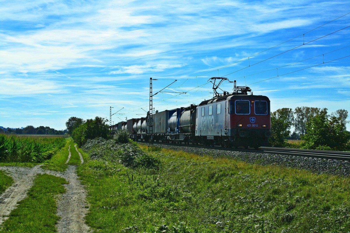 421 387-2 mit einem gemischten Container- und Tanktainerzug gen Norden am Nachmittag des 19.10.13 bei Hgelheim.