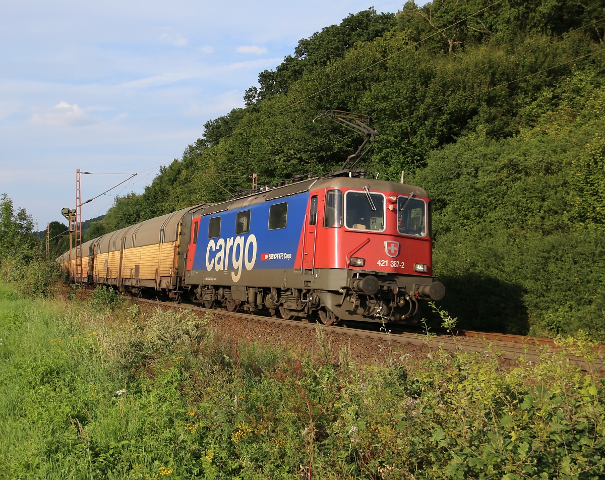 421 387-2 mit geschlossenen ARS-Autotransportwagen in Fahrtrichtung Süden. Aufgenommen zwischen Friedland(HAN) und Eichenberg am 08.08.2014.
