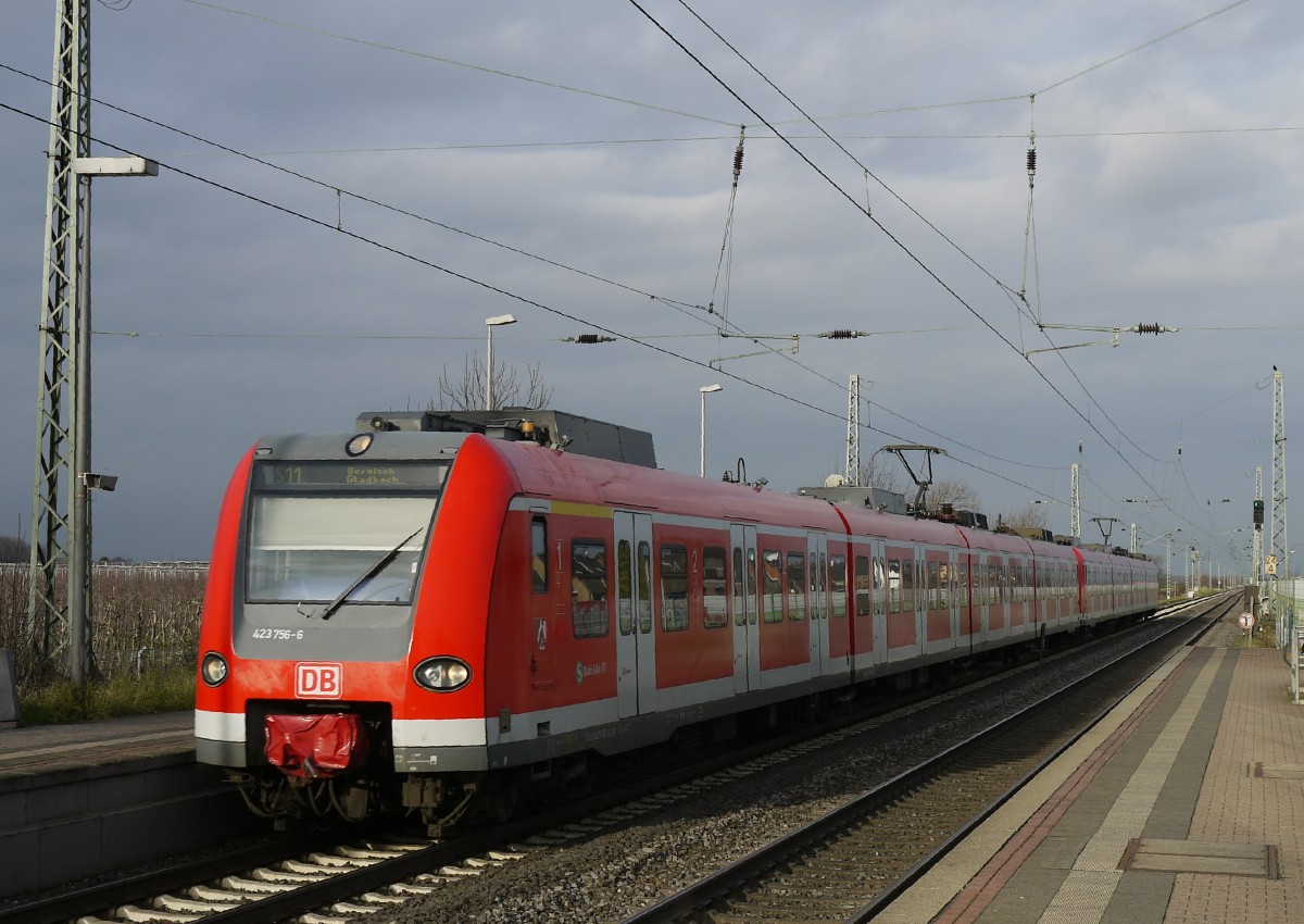 423 256 und 055 als S11 Richtung Köln in Nievenheim, 15.1.14.