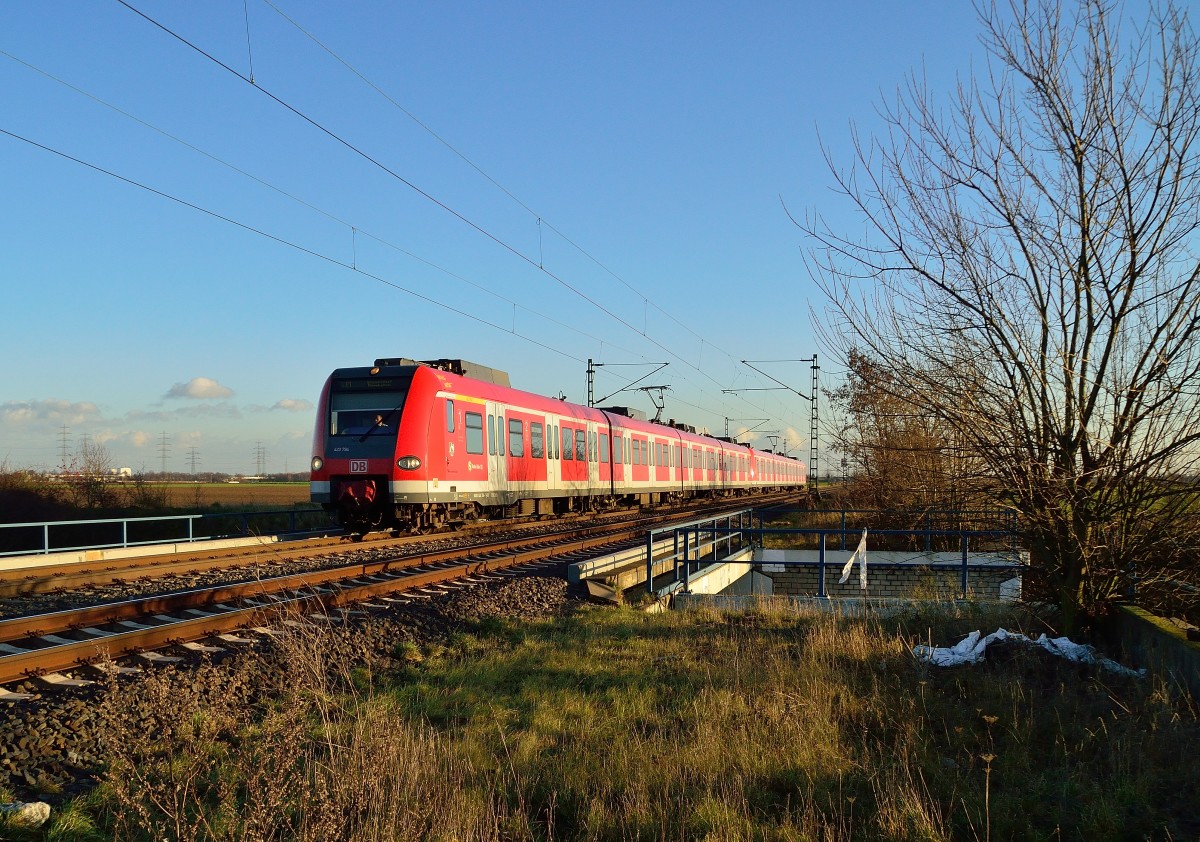 423 794 kommt aus Nievenheim an den Haltepunkt Allerheiligen heran gefahren. Hier ist die S11 an der K33 Brücke auf ihrem Weg nach Düsseldorf Flughafen abgelichtet. 20.12.2013
