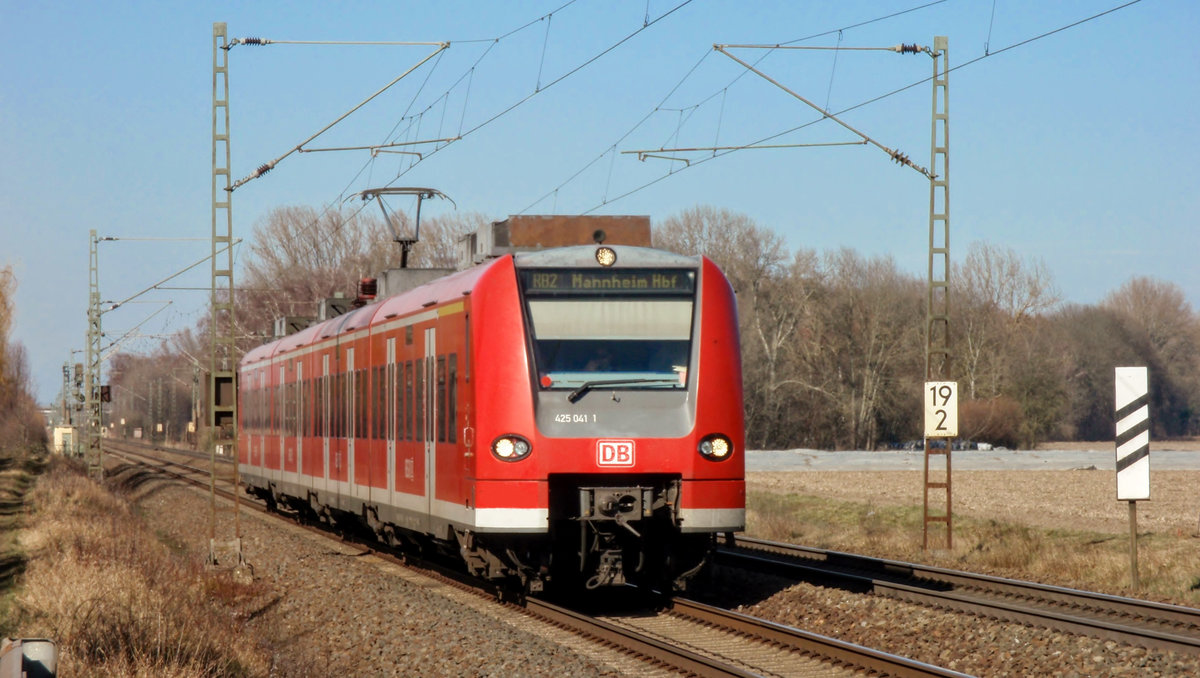 425 041 fährt als 38849 (RB 2) nach Mannheim. Aufgenommen bei Lampertheim am 24.02.18.