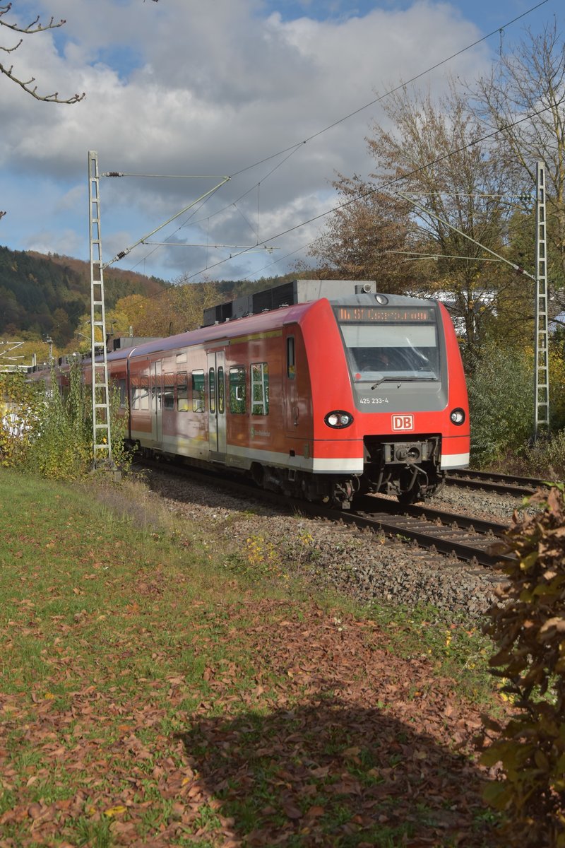 425 233-4 verlässt gerade Neckargerach am vormittag den 4. November 2020 als S1 nach Osterburken.