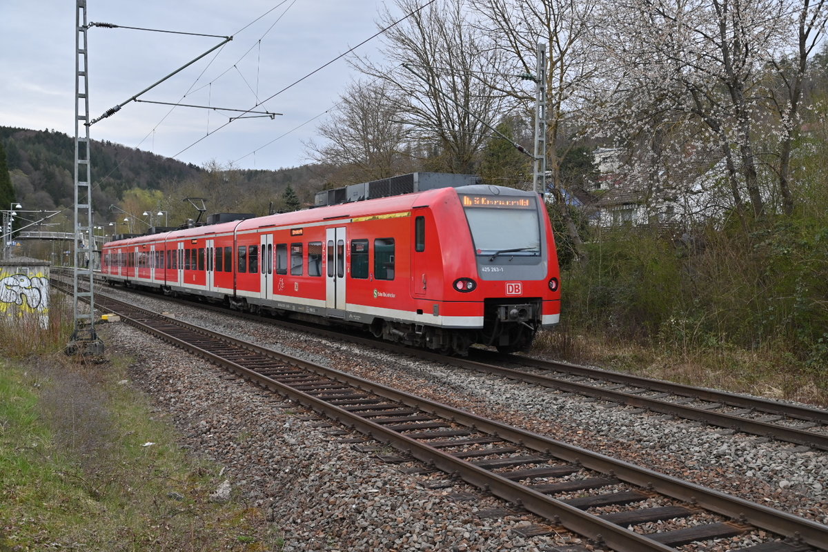 425 263-1 bei der Anfahrt an den Bahnsteig 2 in Neckargerach  am 10.4.2021
