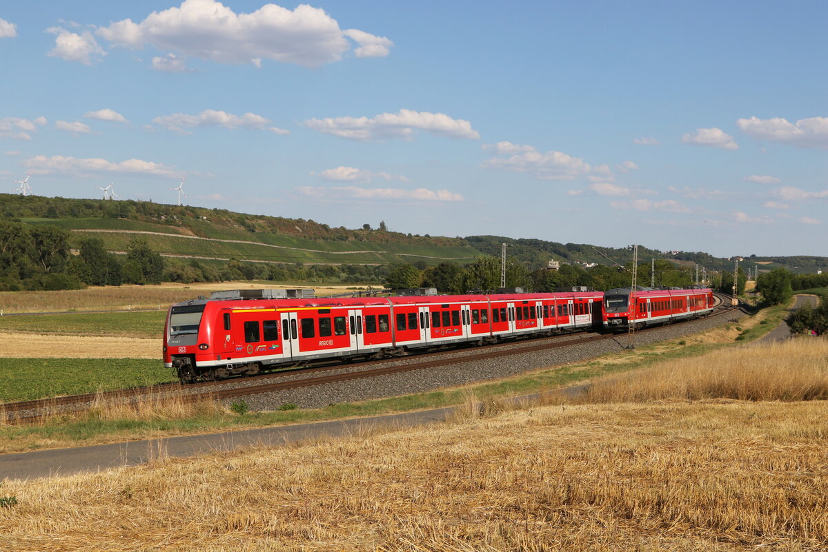 425 566 war am 4. August 2022 bei Winterhausen auf dem Weg nach Würzburg und begegnete dabei 440 321.
