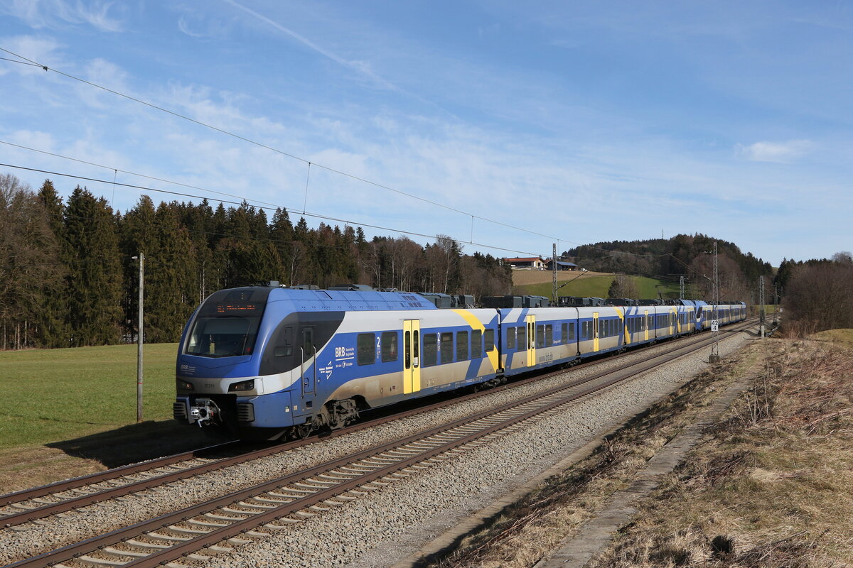 430 011 und 430 014 auf dem Weg nach München am 22. Februar 2023 bei Hütt im Chiemgau.