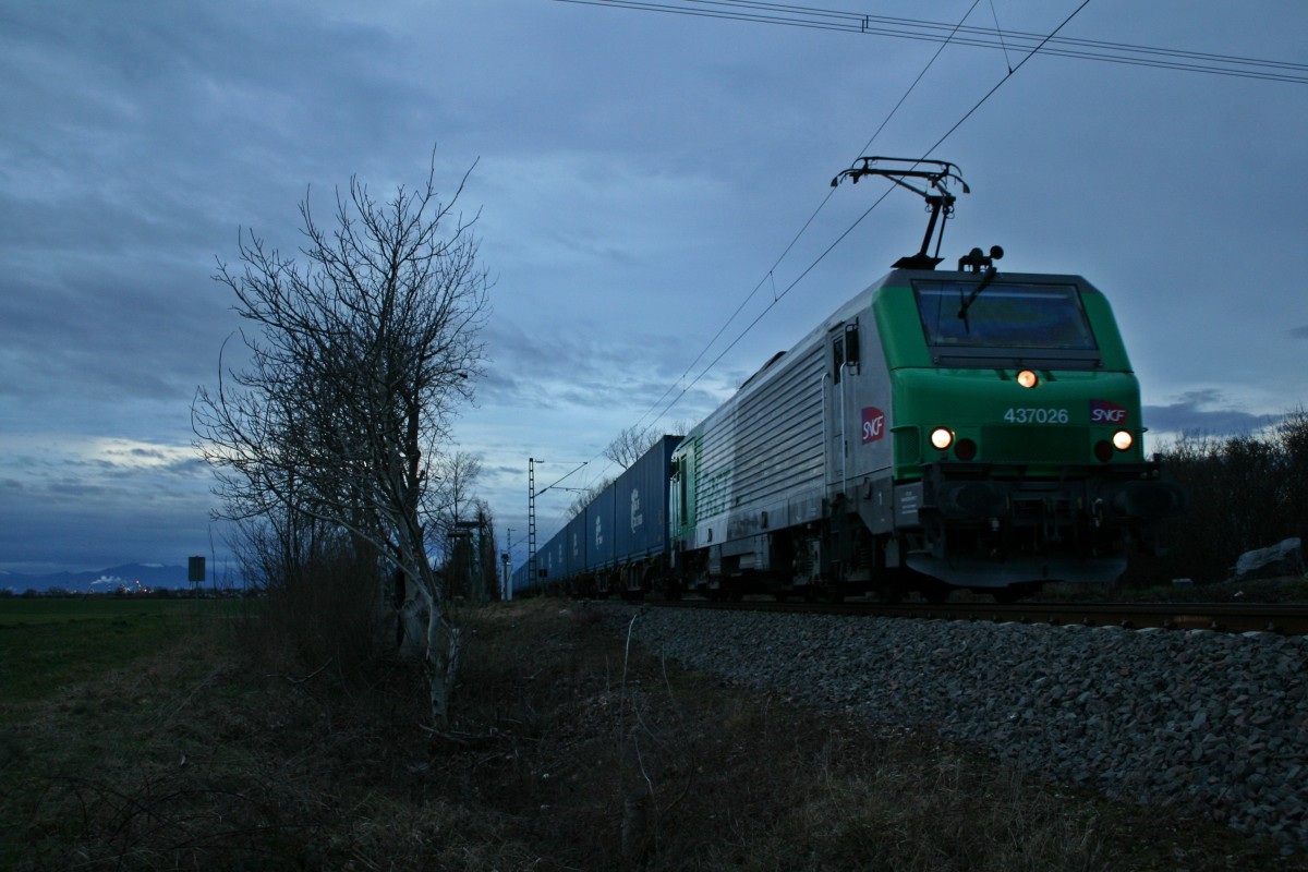 437026 mit dem 40421 von Bantzenheim nach Malaszewicze am Abend des 14.02.14 aus Neuenburg (Baden) kommend kurz vor dem ESig G in Mllheim (Baden).