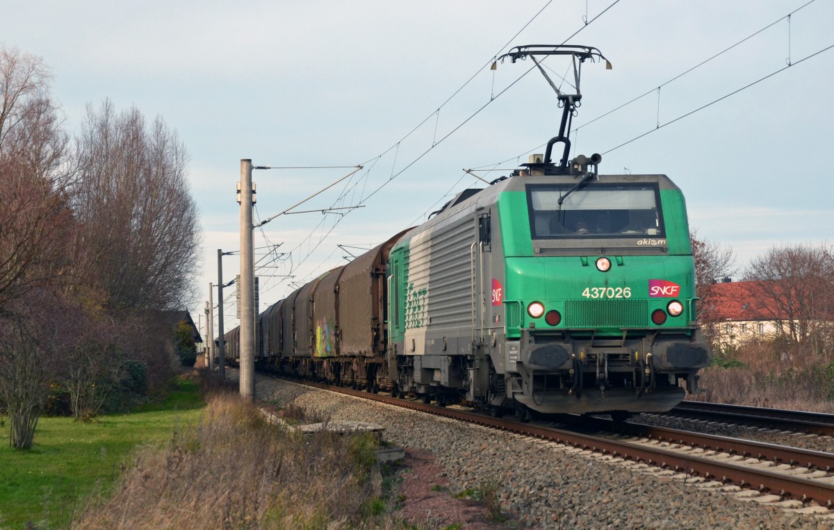 437026 zog am 27.12.15 einen Schiebeplanenwagenzug durch Greppin Richtung Bitterfeld.