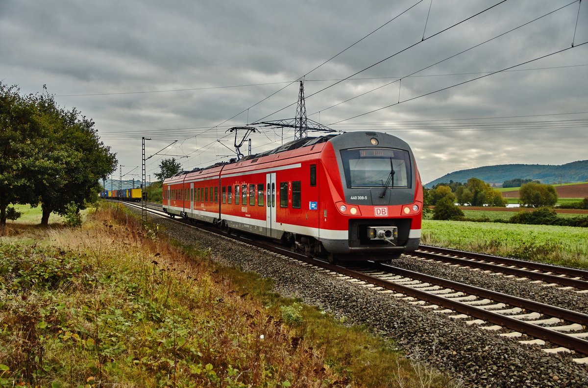 440 308-5 ist als RB am 13.10.16 nach Gemünden unterwegs gesehen bei Harrbach. 
