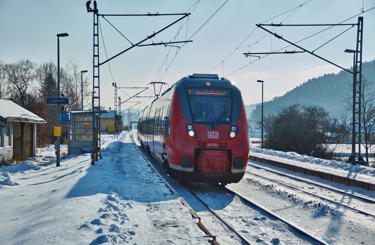 442 104 ist am 18.01.2014 als RB 59358 in Richtung Saalfeld(Saale) bei Gundelsdorf unterwegs.