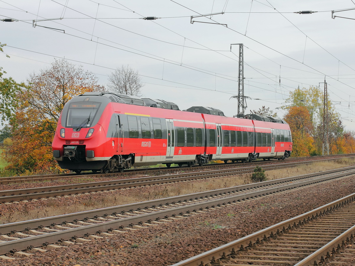 442 130 mit 442 630 als RB 22 (RB 28817) von Berlin Schnefeld Flughafen kommend kurz vor der Einfahrt in den Bahnhof Saarmund zur Weiterfahrt nach Potsdam Hauptbahnhof am 20. Oktober 2013.