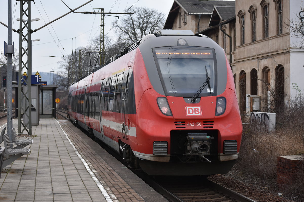 442 150 verlässt am 07.03.2020 um 14:23 Uhr als RB 31 nach Coswig(b Dresden) den Bahnhof von Cossebaude. 

