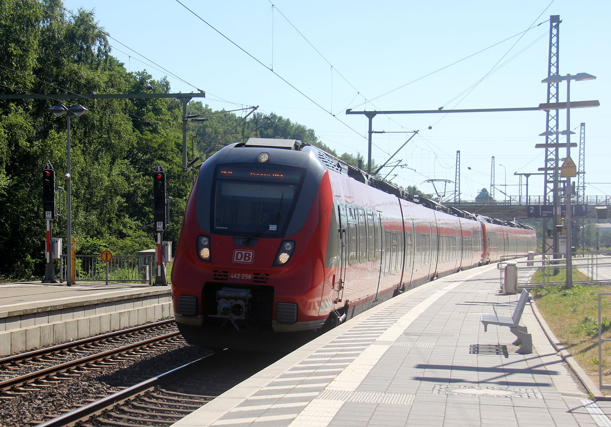 442 256 DB als RE9  von Aachen-Hbf nach Siegen-Hbf und kommt aus Richtung Aachen-Hbf,Aachen-Rothe-Erde,Aachen-Eilendorf und fährt in Stolberg-Rheinland-Hbf ein und fährt dann weiter in Richtung Eschweiler-Hbf,Langerwehe,Düren,Merzenich,Buir,Horrem,Kerpen-Köln-Ehrenfeld,Köln-Hbf.
Aufgenommen vom Bahnsteig 1 in Stolberg-Hbf.
Bei Sommerwetter am Nachmittag vom 29.6.2019.