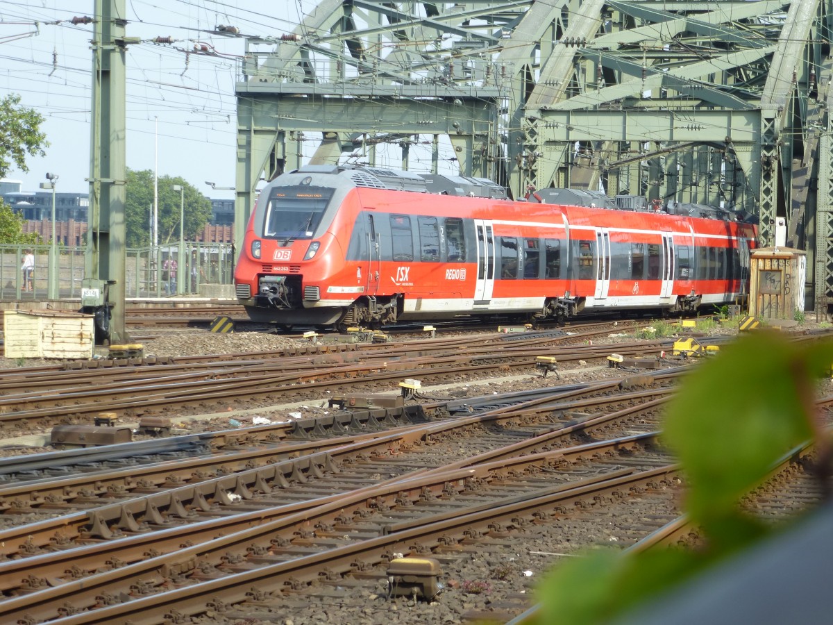 442 263 fhrt hier mit dem rsx nach Aachen kurz nach der Hohenzollernbrcke in Kln.
Fotografiert am 22.08.2013.
