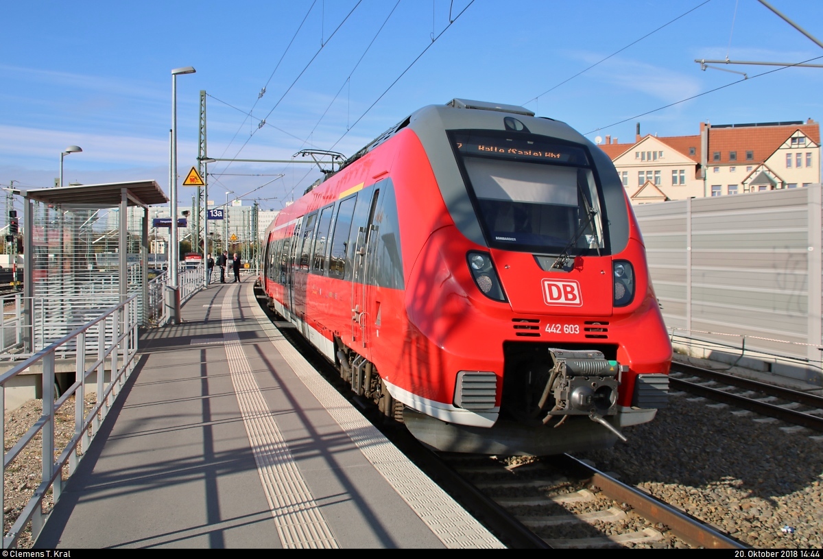 442 603 (Bombardier Talent 2), ex S-Bahn Mitteldeutschland (DB Regio Südost), als S 37740 (S7) nach Halle-Nietleben steht in ihrem Startbahnhof Halle(Saale)Hbf Gl. 13a.
[20.10.2018 | 14:44 Uhr]