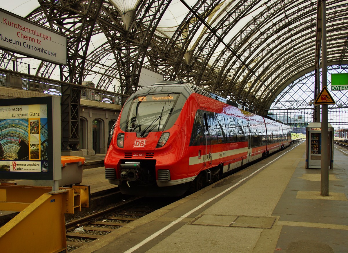 442 648 als RE 15 (18290) nach Hoyerswerda am 13.06.14 im Dresdener Hbf.