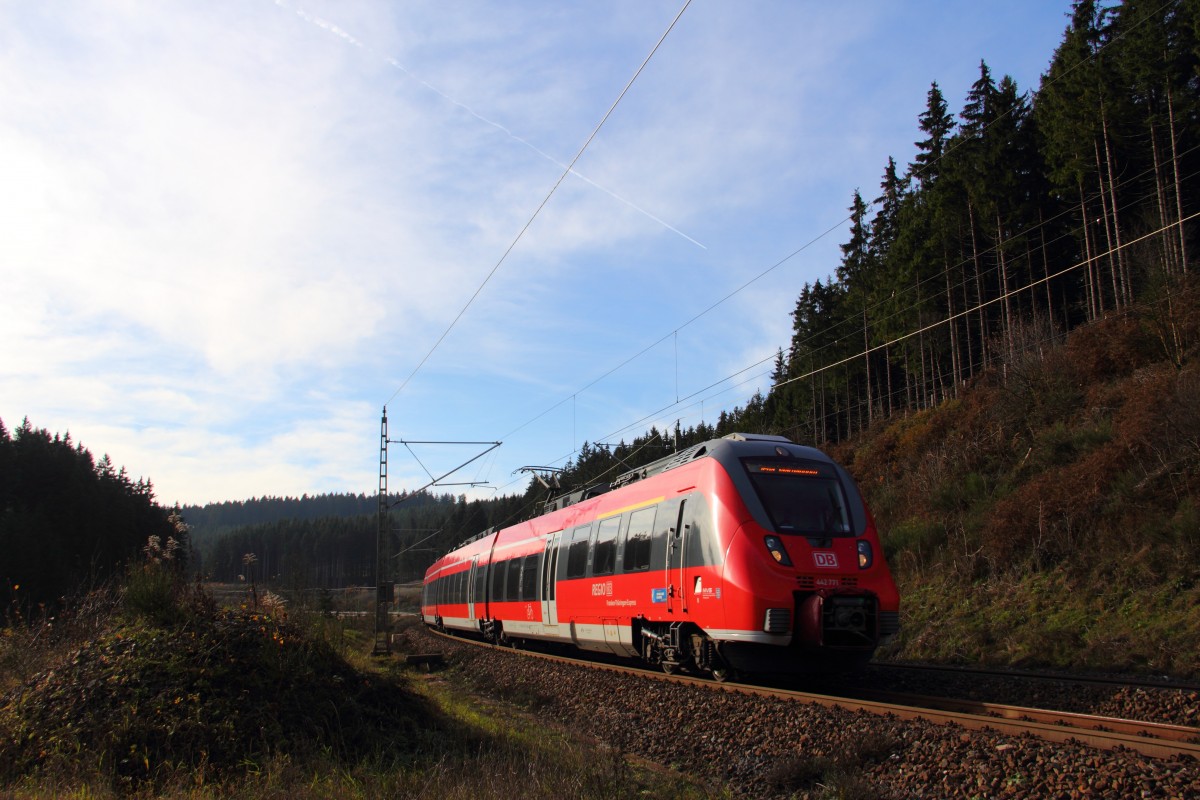 442 771 DB Regio auf der Frankenwaldrampe bei Steinbach am 12.11.2014.