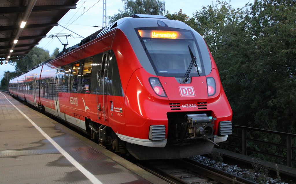 442 843 als S1(Rostock-Warnemünde)kurz vor der Ausfahrt im Haltepunkt Rostock-Holbeinplatz um 07:17 Uhr.09.10.2020