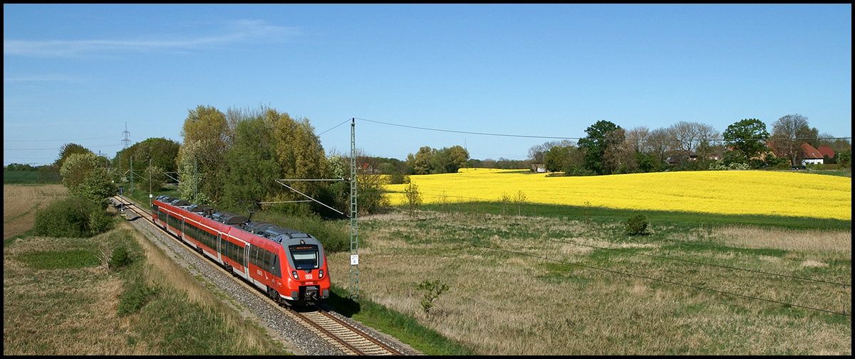 442 844 ist am 13.05.2016 als RE 13063 von Stralsund nach Neustrelitz zwischen Voigdehagen und Wendorf unterwegs.