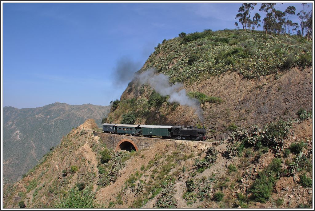 442.55 mit einem Personenzug in der Teufelskurve oberhalb von Shegerini. (10.12.2014)