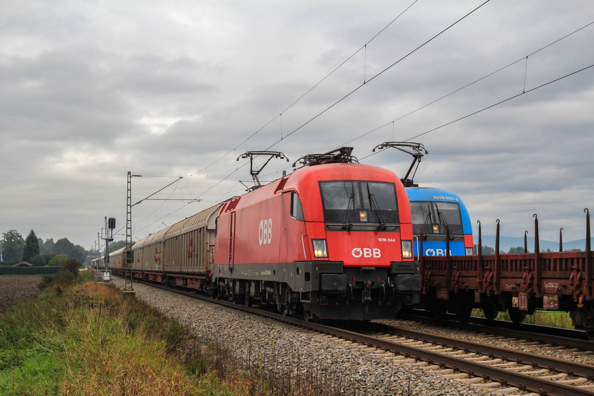 45808 und 45809 (M�nchen - Villach; Villach - M�nchen) trafen sich am 5. Oktober 2013 bei �bersee. Zu sehen sind 1016 023 und 1016 044.