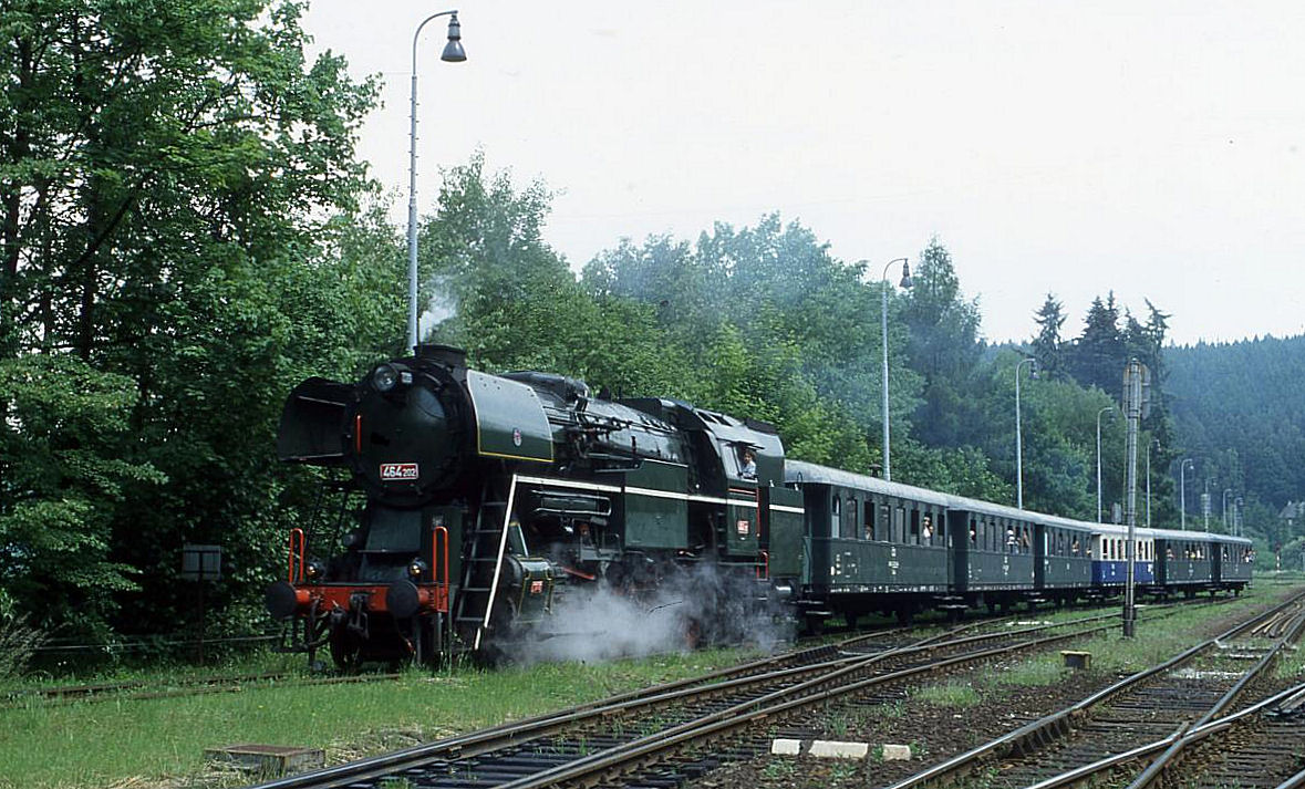 464202 fährt am 16.6.2001 um 11.40 Uhr mit einem Sonderzug in Milotice ein.