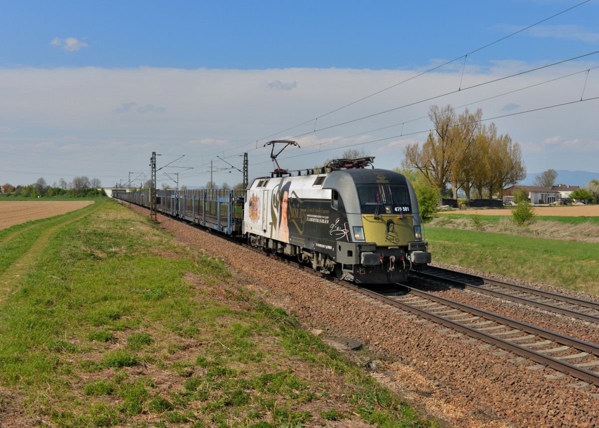 470 501 mit einem leeren Autozug am 22.04.2015 bei Plattling.