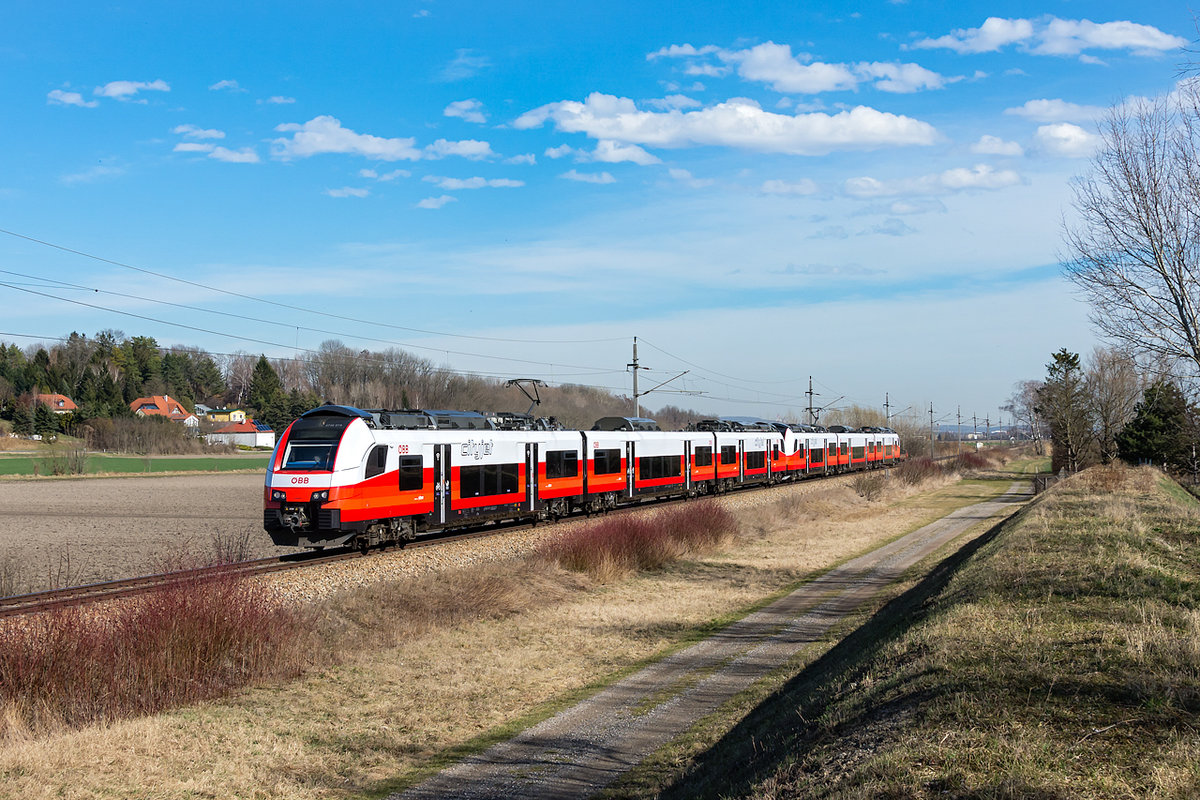 4746 019 Cityjet ist als Schnellbahnzug 21514 nach Absdorf-Hippersdorf unterwegs. Die Aufnahme entstand am 07.03.2019 kurz vor Hausleiten.