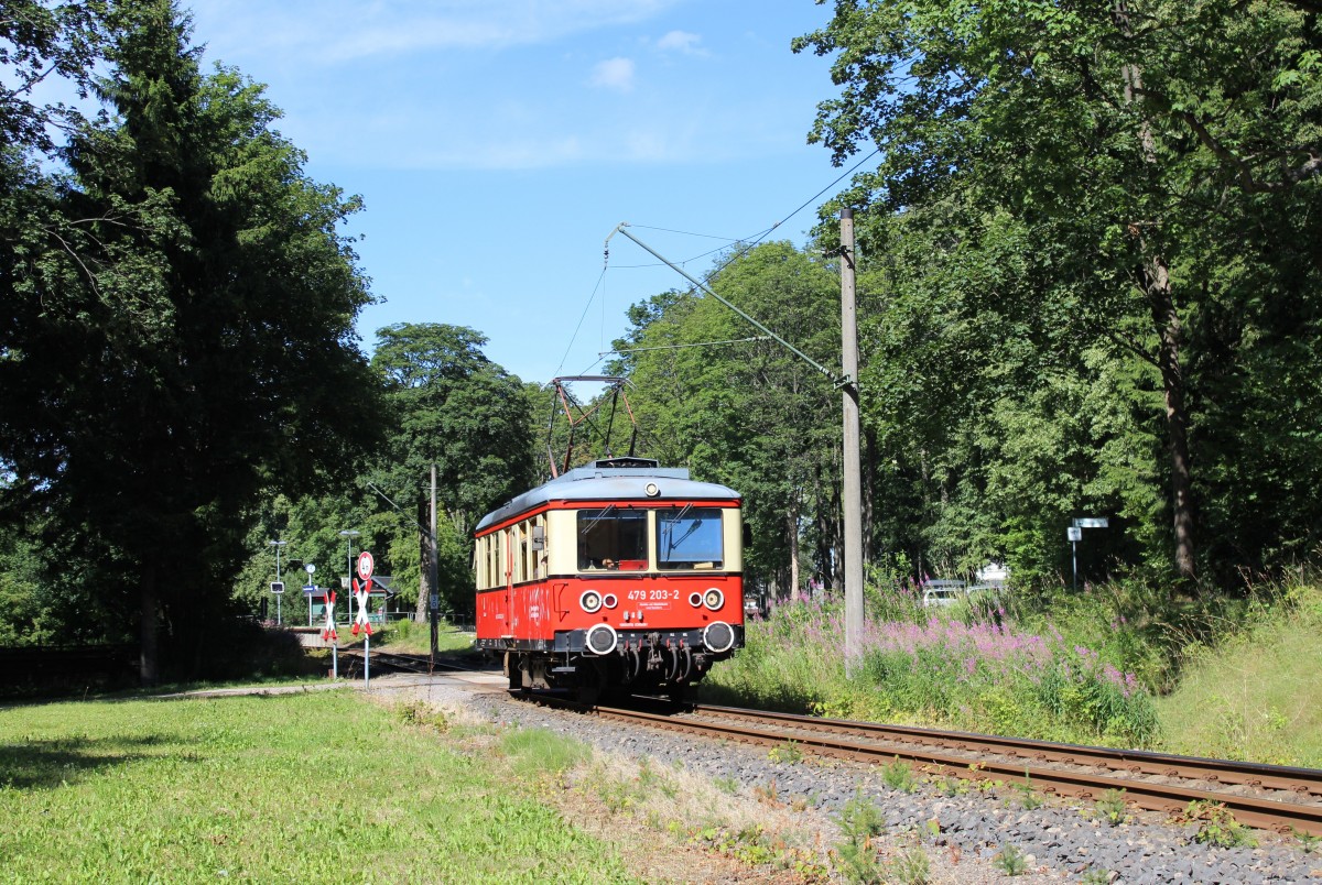 479 203-2 der Oberweißbacher Bergbahn hier zu sehen am 26.07.15 in Oberweißbach-Dessbach.