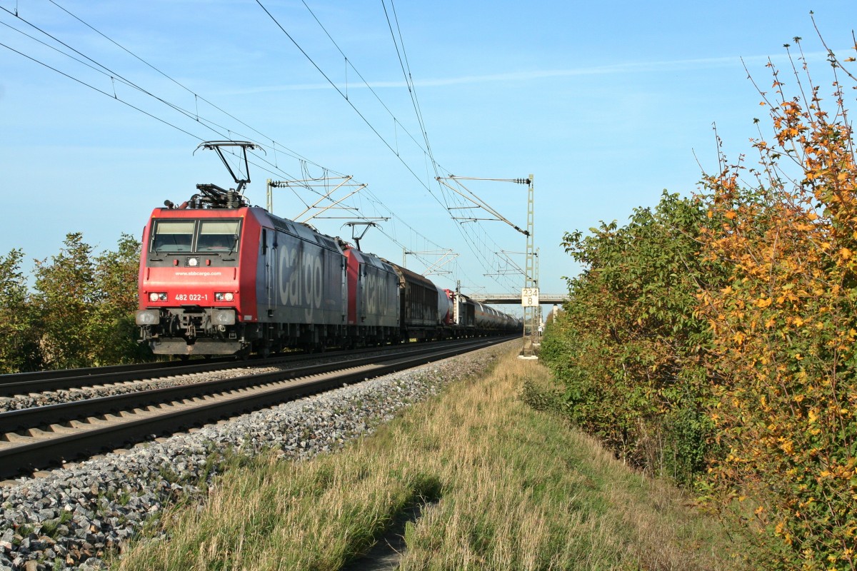 482 002-1 zusammen mit 482 021-3 und dem BASF-Zug gen Basel am Nachmittag des 26.10.13 bei H�gelheim.