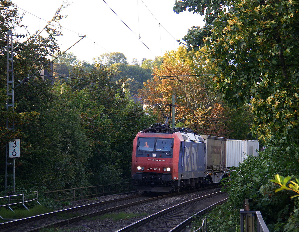 482 003-1 von der SBB Cargo  kommt aus Richtung Aachen-West mit einem Containerzug aus Genk-Zuid-Haven(B) nach Gallarate(I) und fährt durch Aachen-Schanz in Richtung Aachen-Hbf,Aachen-Rothe-Erde,Stolberg-Hbf(Rheinland)Eschweiler-Hbf,Langerwehe,Düren,Merzenich,Buir,Horrem,Kerpen-Köln-Ehrenfeld,Köln-West,Köln-Süd. Aufgenommen vom Bahnsteig von Aachen-Schanz.
An einem schönem Sommerabend am Abend vom 28.9.2016.