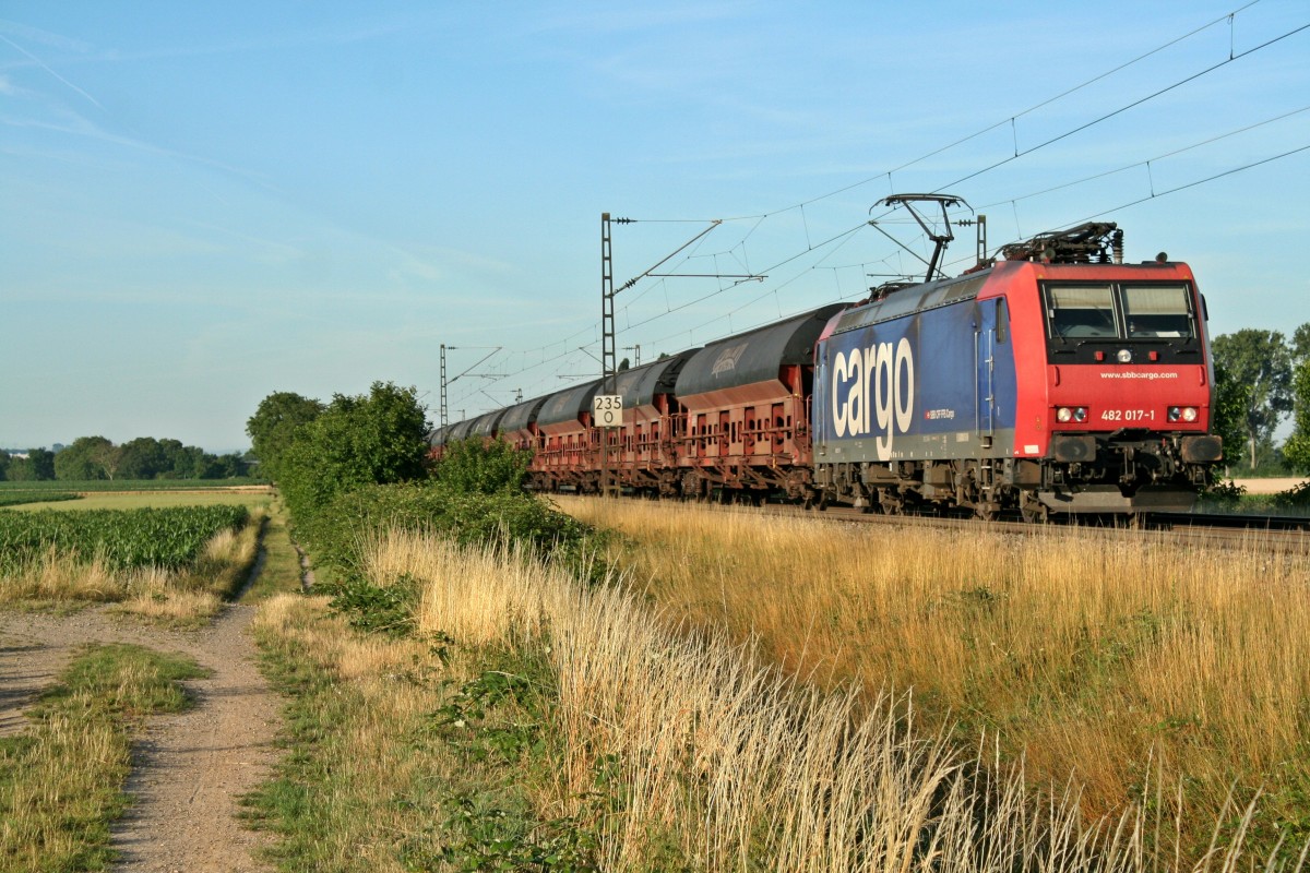 482 017-1 mit dem 40276 auf der Fahrt von Weil am Rhein Rbf nach Karlsruhe Gbf bzw. Gnzburg am Morgen des 03.07.14 sdlich von Hgelheim.