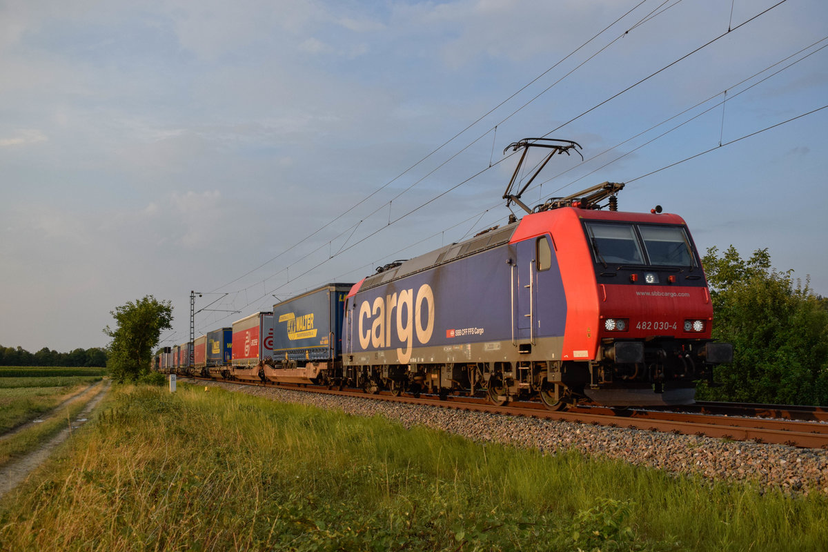 482 030 kam am 25.07.2018 mit einem Trailer-Zug aus Köln nach Novara hinter dem Gebüsch hervor. Hier südlich von Buggingen.