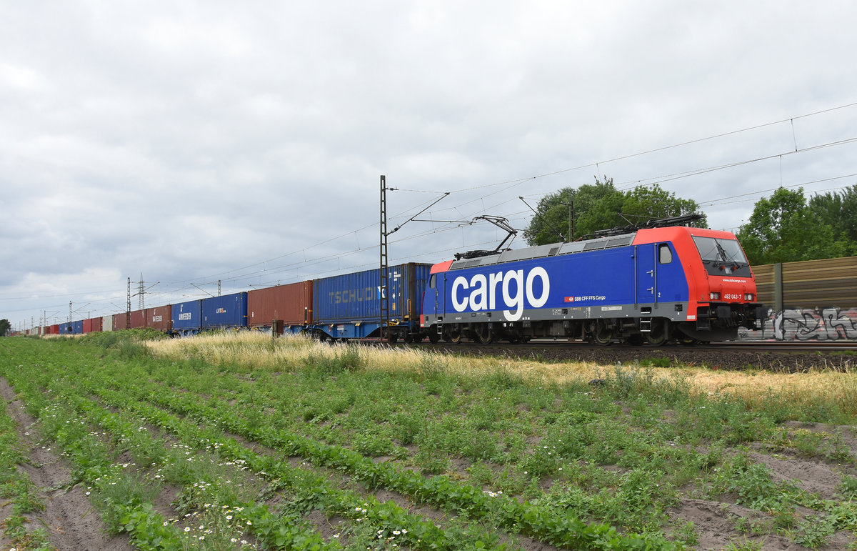 482 043-7 der SBB Cargo mit Container, unterwegs in Richtung Hamburg.  Höhe Bardowick, 12.06.2018.