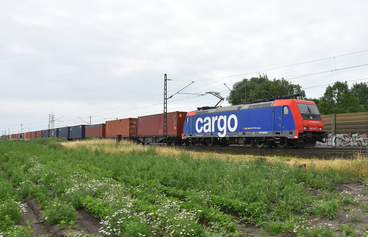 482 043-7 der SBB Cargo unterwegs mit Container in Richung Hamburg. Höhe Bardowick, 19.06.2018.