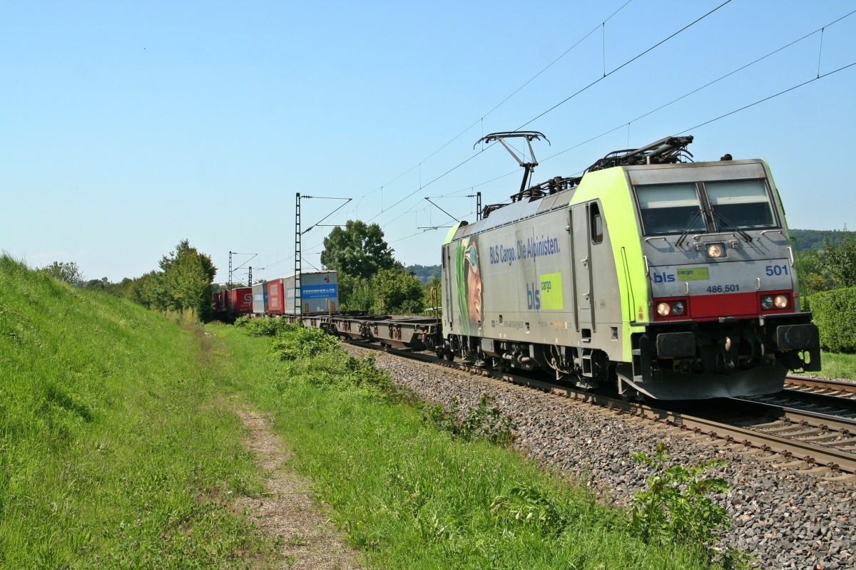486 501 mit dem 42013 auf dem Weg von Wanne-Eickel nach Gallerate am Nachmittag des 01.08.14 nrdlich von Kollmarsreute.