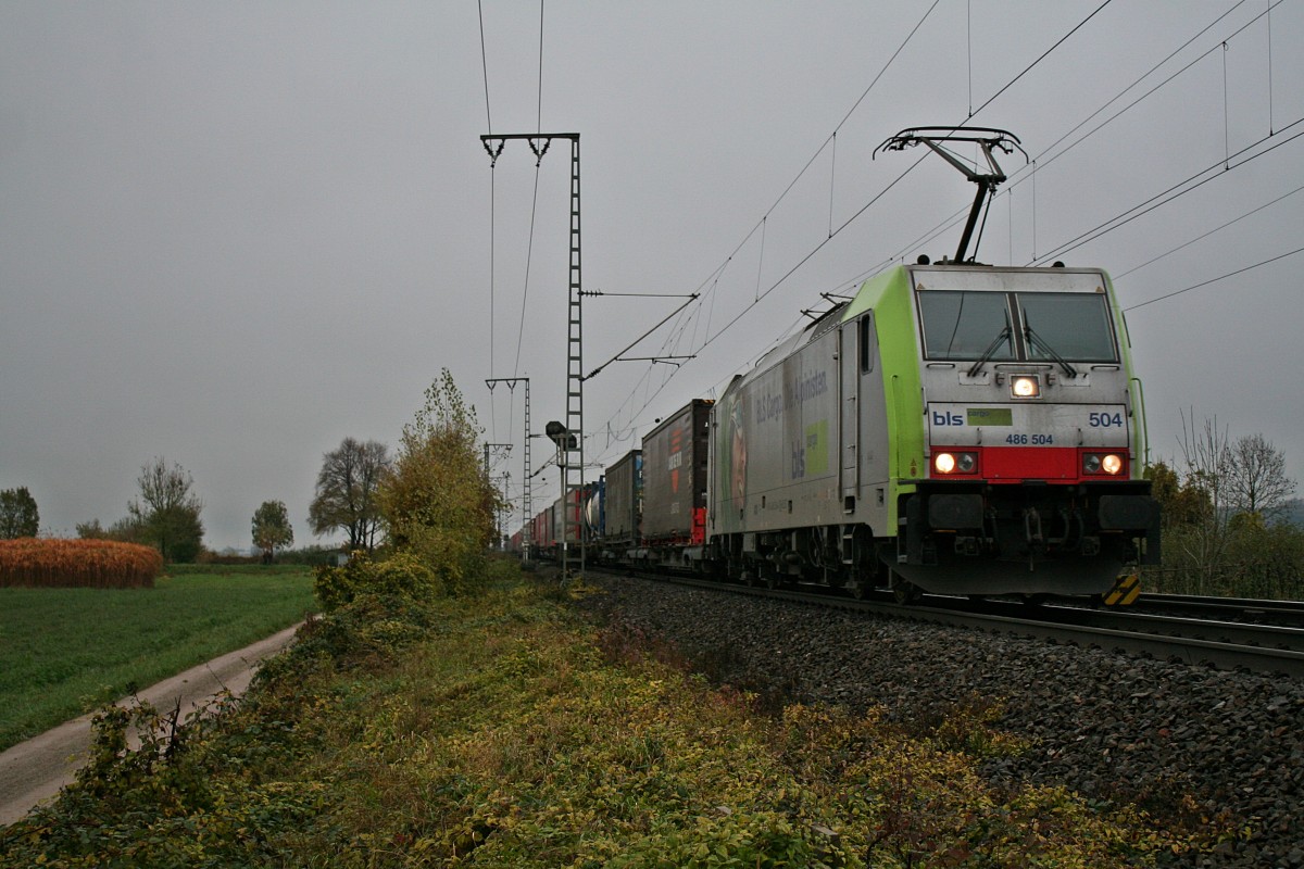 486 504 mit dem 42013 von Wanne-Eickel nach Melzo (I) am Nachmittag des 22.11.13 bei der Einfahrt in den Bahnhof M�llheim (Baden).