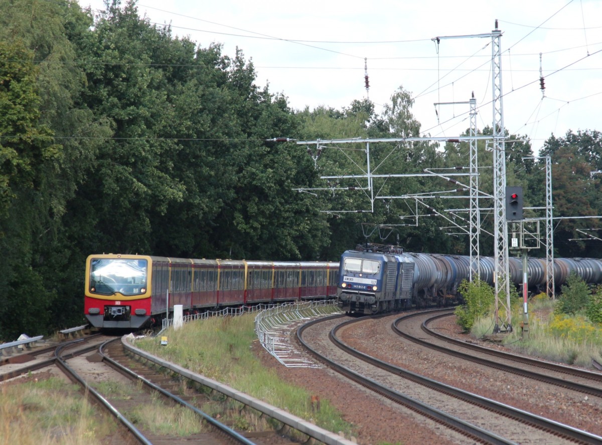 4.9.2015 Zepernick. RBH Zwillinge 143 041 (103) & 127 legen sich neben der S2 in die Kurve (ok: Überhöhung)