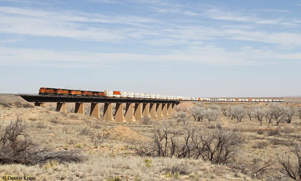 5 BNSF Loks mit Containerzug am 29.03.2015 bei Fort Sumner, New Mexico.