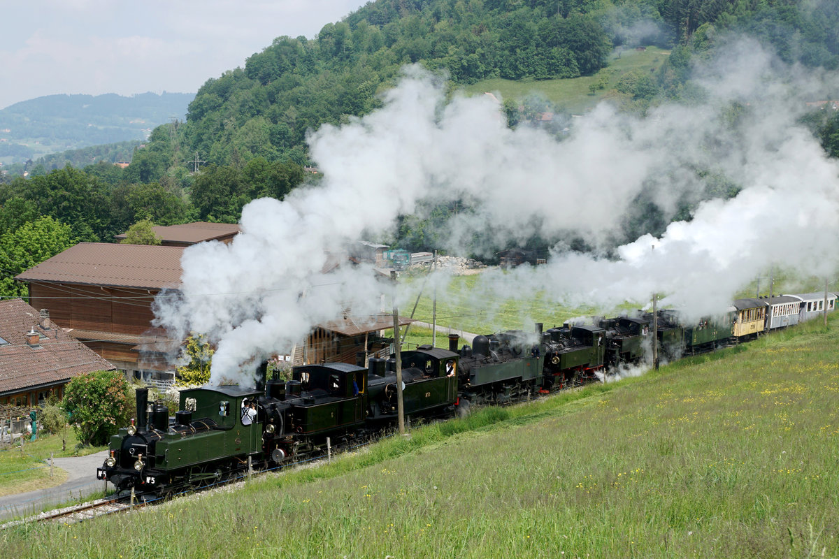 50 Jahre «Museumsbahn Blonay-Chamby»
1968 bis 2018
MEGA STEAM FESTIVAL VOM 19. MAI 2018
Das Highlight des Tages.
Museumszug mit folgenden sieben Dampflokomotiven:
G 3/3 5, 1890 LEB
G 3/3 909 / 6, 1901 JS / BAM
G 3/4 208, 1913 CFF
G 2x 2/2 E164, 1905 CP
G 2x 2/2 105, 1918 SEG
HG 3/4 4, 1913 FO
HG 3/4 3, 1913 BFD
Foto: Walter Ruetsch
