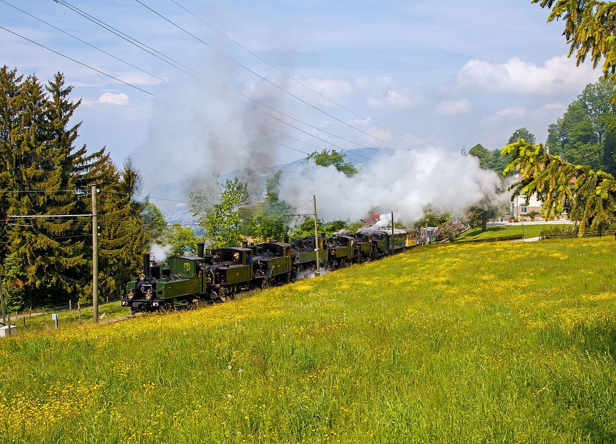 
50 Jahre BC - MEGA STEAM FESTIVAL der Museumsbahn Blonay–Chamby: Ein Höhepunkt war am Samstag (19.05.2018) der von gleich sieben Dampfloks gezogene Zug von Blonay nach Chamby, der hier nun bald Chamby erreicht. 

Die Loks (von vorne nach hinten) waren hier, 
-	die G 3/3 LEB N° 5 (Bj. 1890), erhalten Sammlung B-C;  
-	die G 3/3 BAM N° 6, teilw. auch als JS N° 909 beschildert (Bj. 1901), erhalten Sammlung B-C; 
-	die G 3/4 SBB 208 (Bj. 1913) der Brünig Tallinie, erhalten durch die Ballenberg Dampfbahn;
-	die G 2x 2/2 Malletdampflok CP  E 164 (Bj. 1905), ex Caminhos de Ferro de Portugal, erhalten durch La Traction SA; 
-	die G 2x 2/2 Malletdampflok SEG 105  Todtnau  (Bj. 1918), erhalten Sammlung B-C; 
-	die HG 3/4 - FO 4 (Bj. 1913), Furka-Oberalp-Bahn, erhalten durch die Dampfbahn Furka Bergstrecke, 
-	sowie die HG 3/4 BFD N° 3, (Bj. 1913) ex Brig-Furka-Disentis (BFD), später FO, erhalten Sammlung B-C

Aber wie es Stefan schon schrieb, wären mir auch Züge mit einzelnen Dampfloks in kurzer Abfolge lieber gewesen.  
Auch wenn alle Loks unter Dampf standen, stellt sich mir die Frage ob alle gearbeitet haben. Denn das ist die hohe Kunst, sieben Loks in einen Gleichlauf zu bekommen und zu halten.   

Aber beeindruckend war es auf alle Fälle!!!
