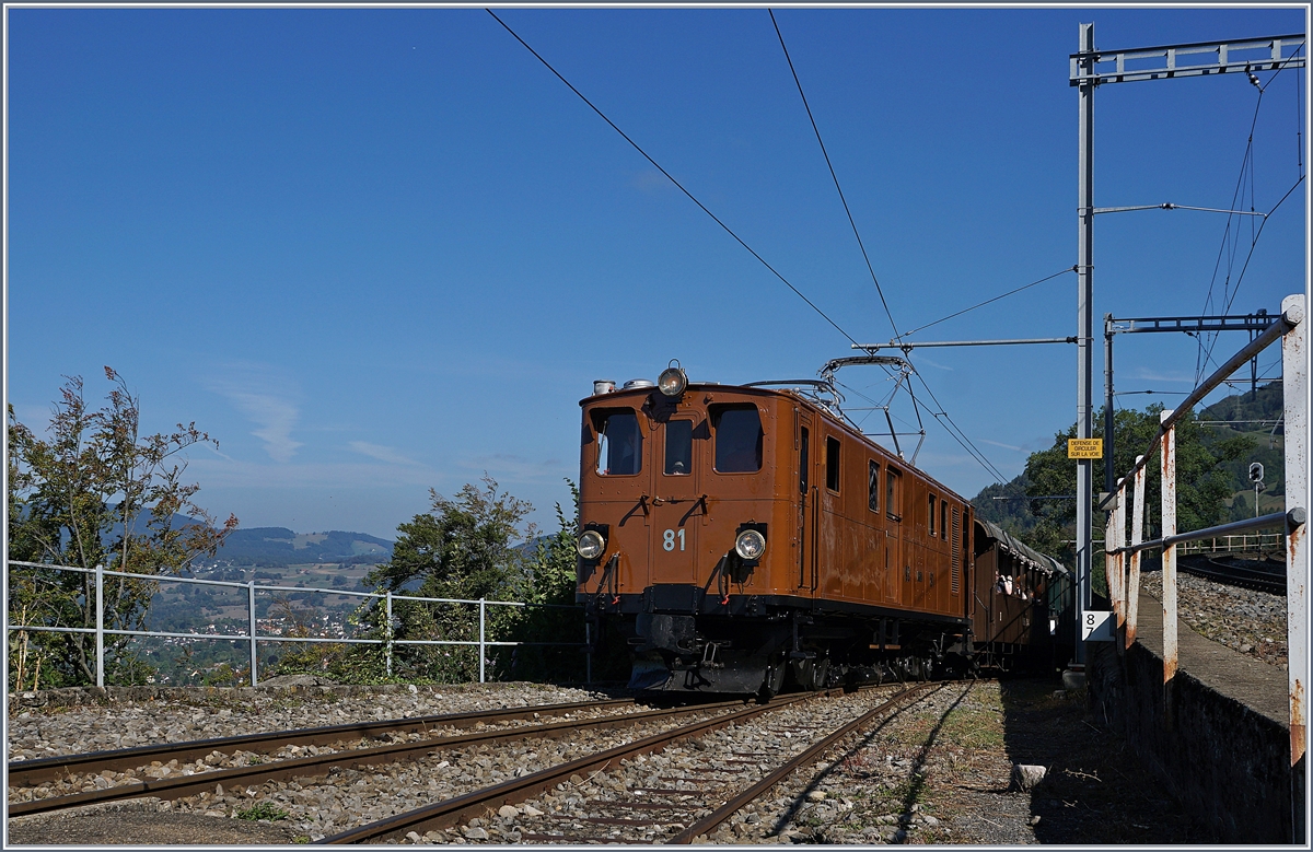 50 Jahre Blonay Chamby - MEGA BERNINA FESTIVAL: Die Bernina Bahn (BB) Ge 4/4 81 (ex Ge 6/6 81 bzw. ab Ge 4/4 81) erreicht mit dem B-C Zug 8107E von Blonay kommend den Bahnhof Chamby. Das zugeschnittene Bild entstand vom MOB  Bahnsteig  aus, du zeigt neben der ankommende Lok auch die Aussicht Richtung Lavaux.
8. Sept. 2018 
