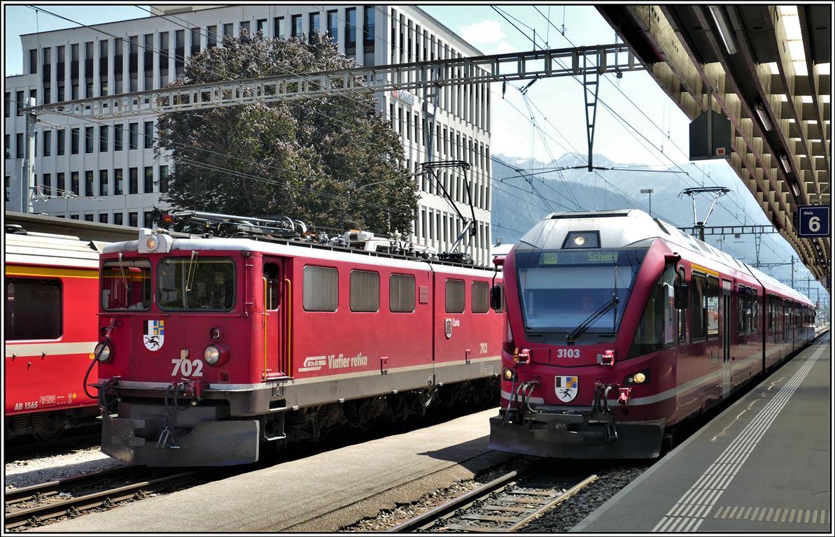 5047 mit Ge 6/6 II 702  Curia  und S1 1516 mit ABe 4/16 3103 nach Schiers in Landquart. (10.07.2019)